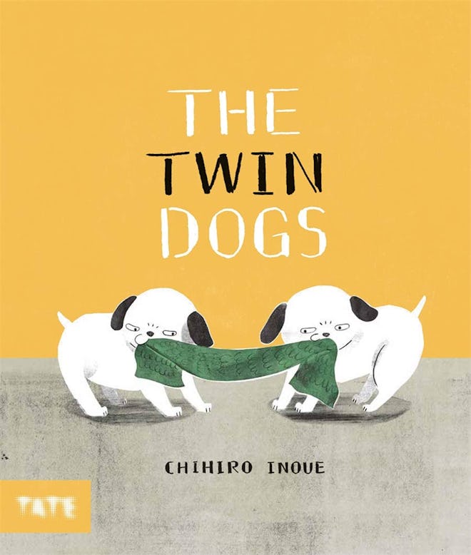 Illustrated book cover; two dogs playing tug-o-war with a green blanket