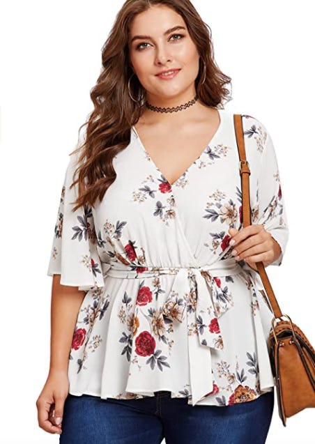 ROMWE Plus Size Belt Tie Peplum Shirt