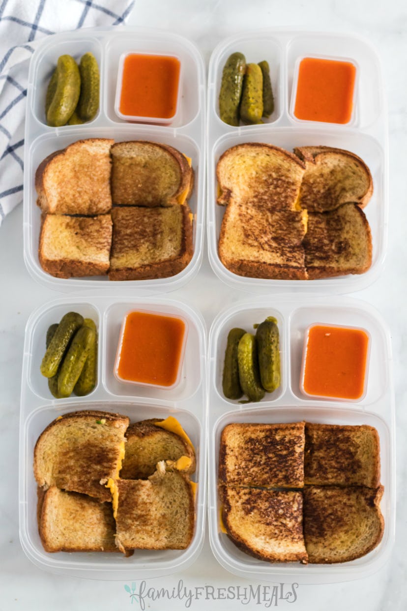 toddler lunch box: grilled cheese with pickles and soup