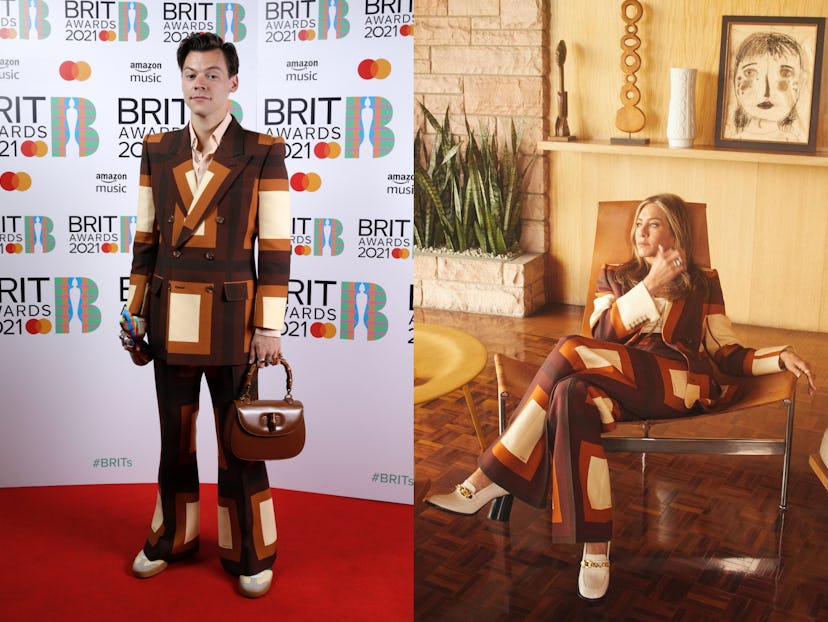 Harry Styles and Jennifer Aniston wear matching Gucci suits.