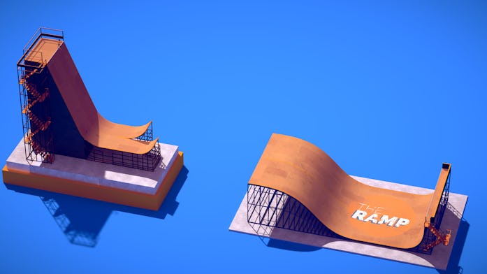 Skating video game with mega ramp for big air skate tricks