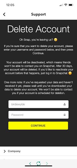 How to delete Snapchat account screenshot of app. 