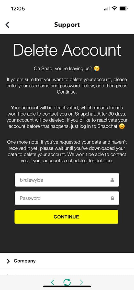 How to delete Snapchat account screenshot of app. 