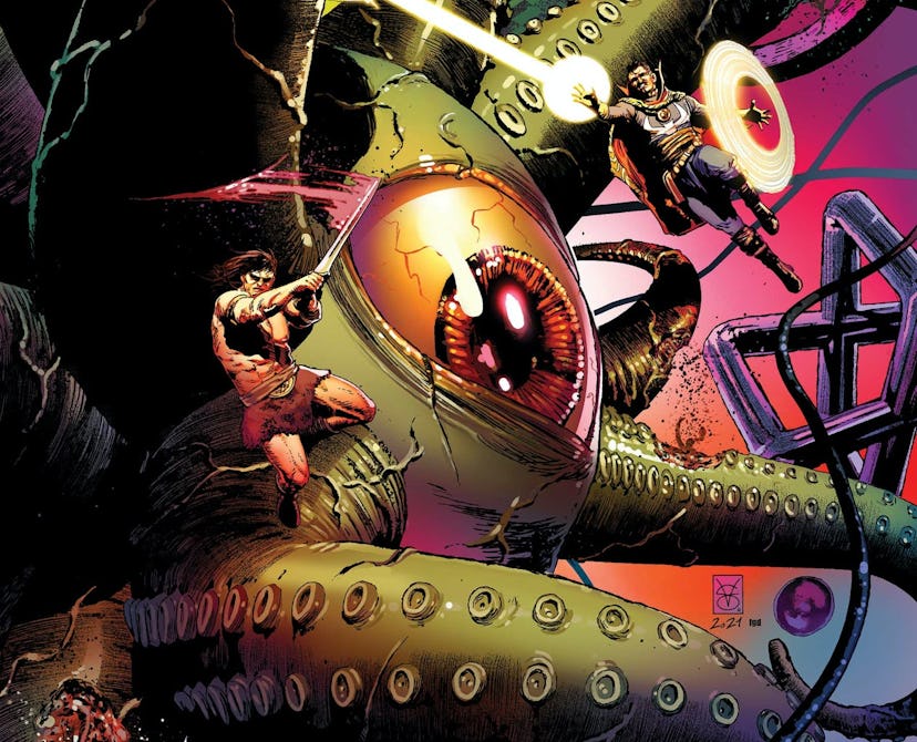 The entity Shuma-Gorath appears on the cover of Marvel Comics' 'Savage Avengers' #23.