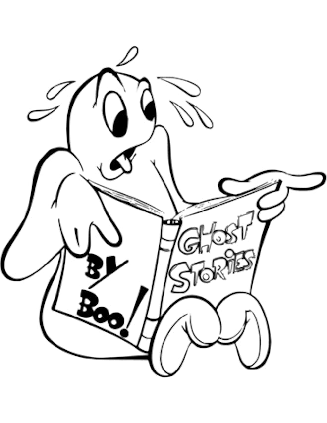 Ghost Coloring Page: Ghost reading "Ghost Stories" book, sweating and looking scared