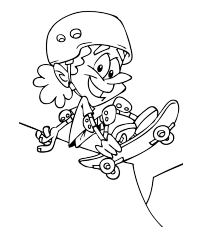 Skateboard Coloring Page: cartoon character on skateboard, riding on ramp
