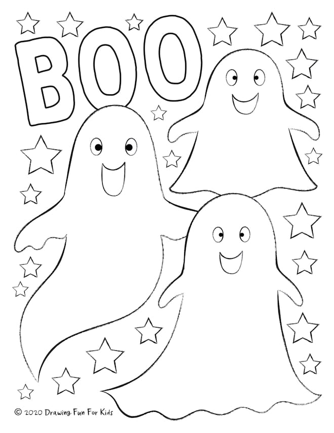 Ghost Coloring Page: Three ghosts with stars around them, "Boo" written at the top