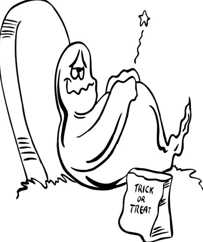 Ghost Coloring Page: Ghost leaned on headstone, with trick or treat bag, looking full from eating to...