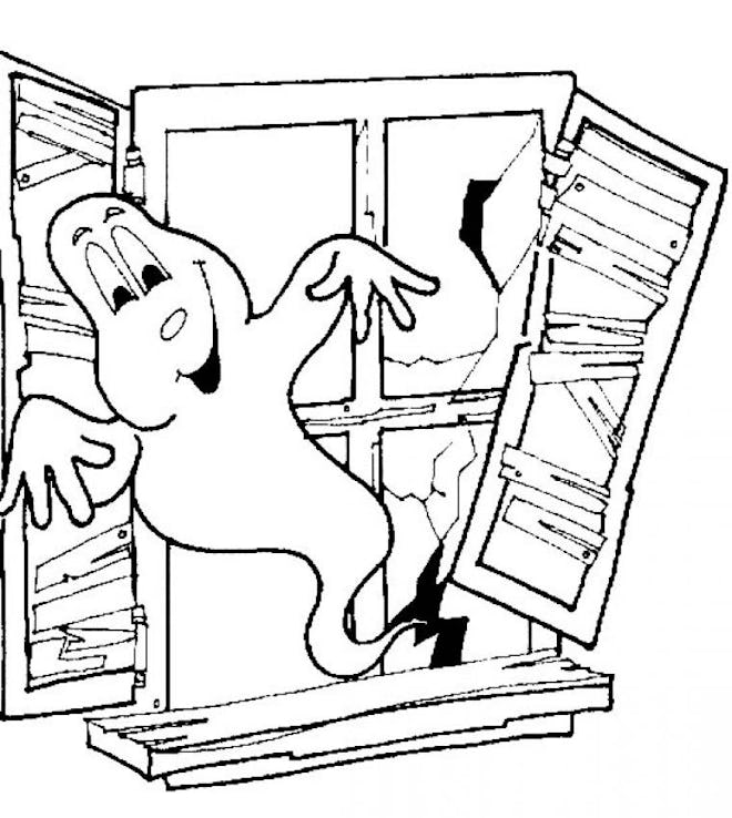 Ghost Coloring Page: Smiling ghost coming out of broken window