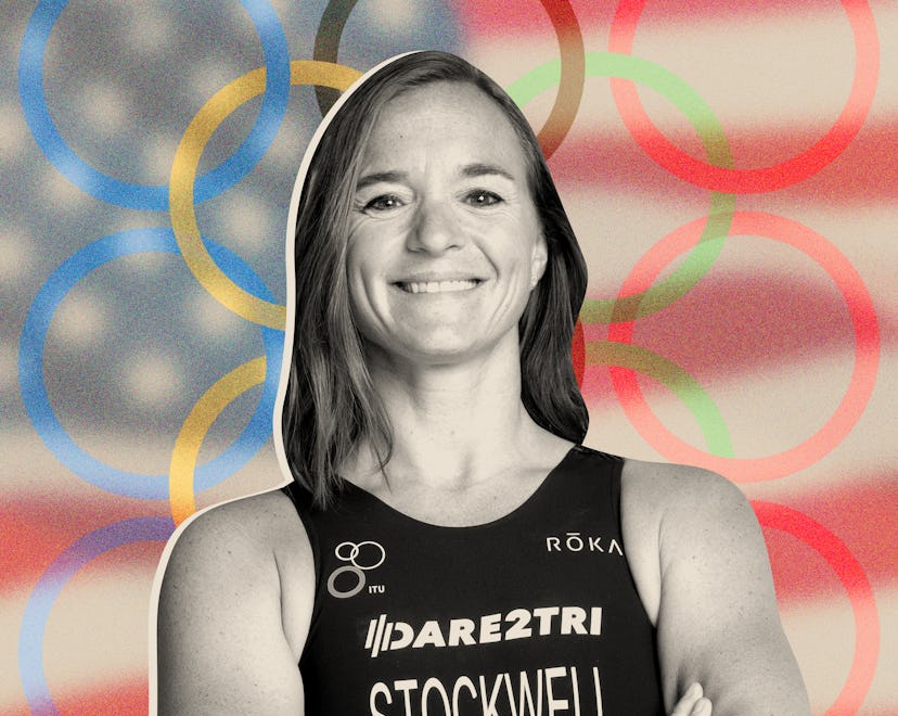 A black and white photo of Melissa Stockwell with the Olympic rings behind her in color