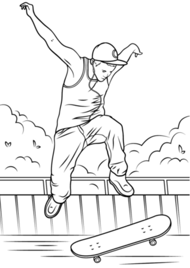 Skateboard Coloring Page: Person jumping off skateboard, doing a trick