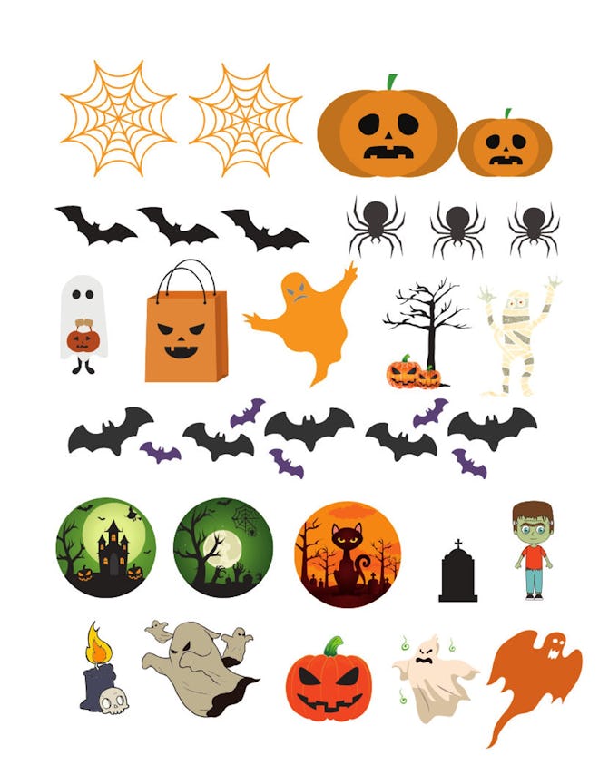 halloween stickers like cobwebs, pumpkins, bat and spiders that can be downloaded and printed at hom...