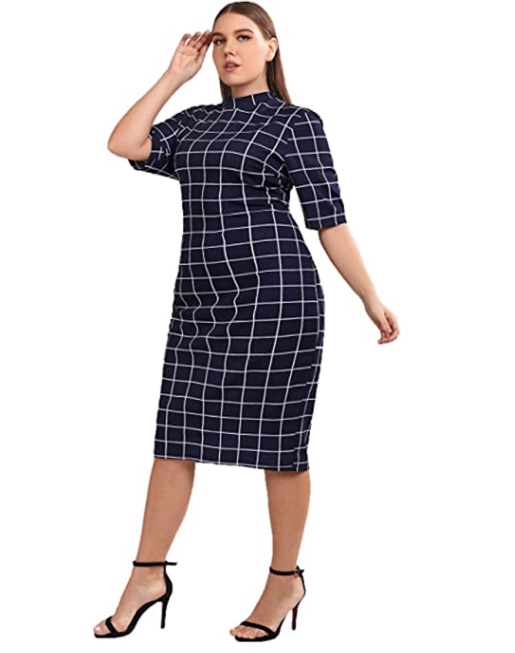 Floerns Plus-Size Short Sleeve Plaid Pencil Dress