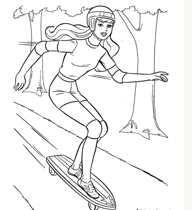 Skateboard Coloring Page: Girl riding skateboard downhill