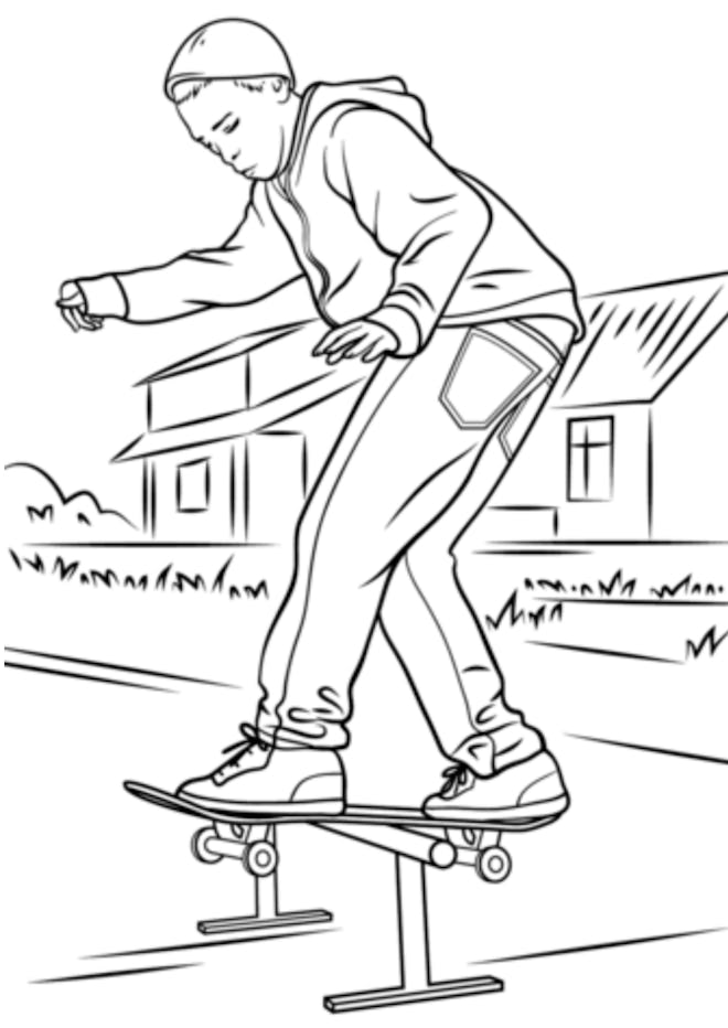 Skateboard Coloring Page: Person on skateboard outside, balancing on raised bar