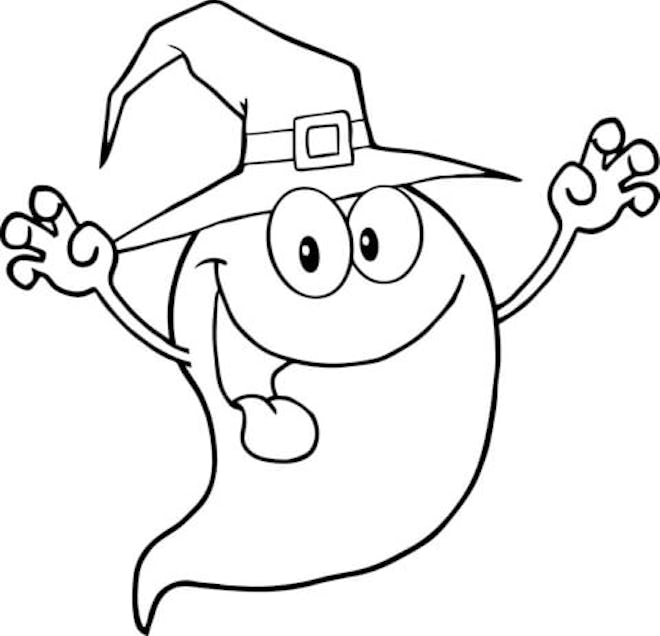 Ghost Coloring Page: Ghost wearing witch hat, making silly face