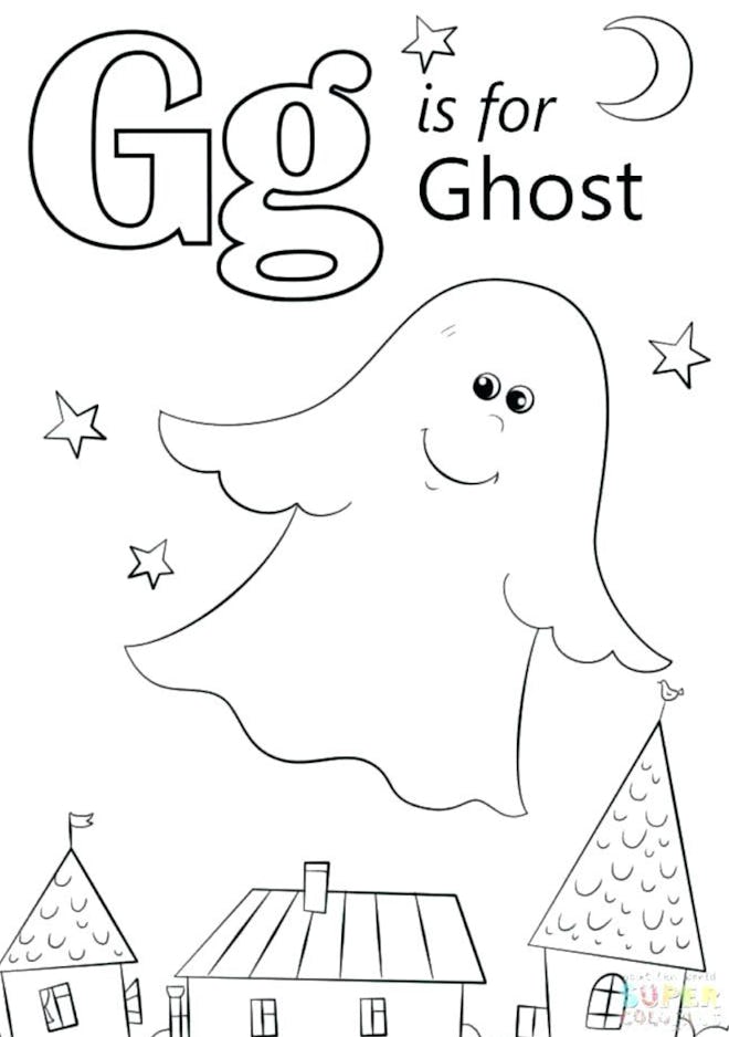 Ghost Coloring Page: Ghost flying through the air with "G is for ghost" written beside it