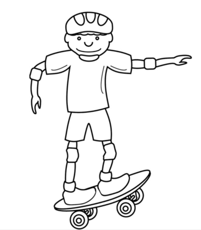 Skateboard Coloring Page: Cartoon boy on skateboard, wearing helmet and pads