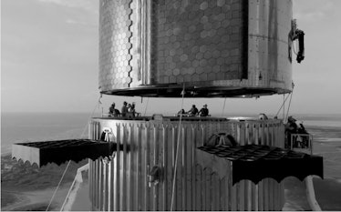 SpaceX Starship with workers observing.