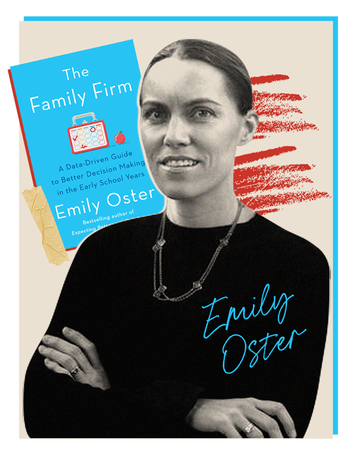 Emily Oster standing with her arms crossed in front of her book The Family Firm