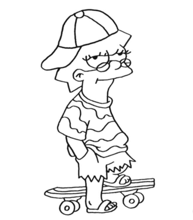 Skateboard Coloring Page: Lisa Simpson wearing sunglasses, sanding with skateboard