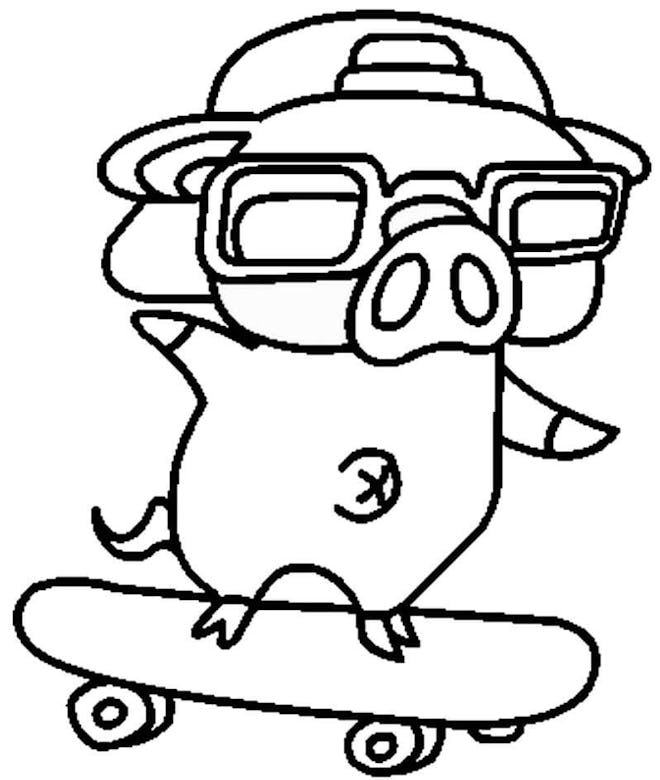 Skateboarding Coloring Page: Big wearing sunglasses and backwards baseball cap, riding on skateboard