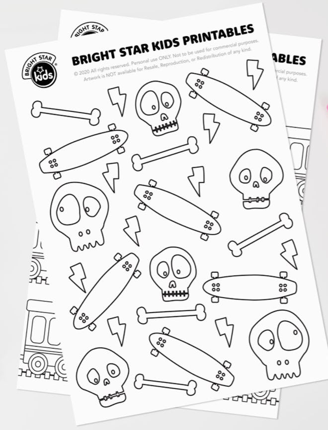 Skateboard Coloring Page: Collage of cartoon skulls, bones, lightning bolts, and skateboards