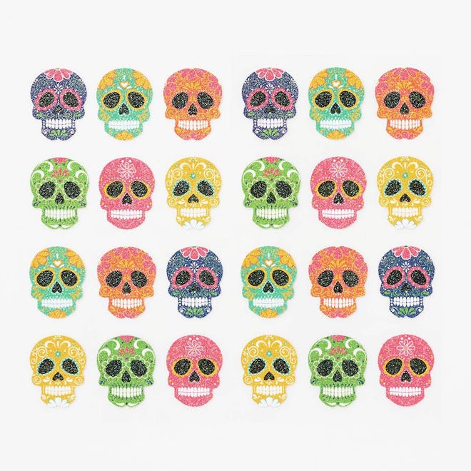 set of 12 colorful skull stickers with glitter