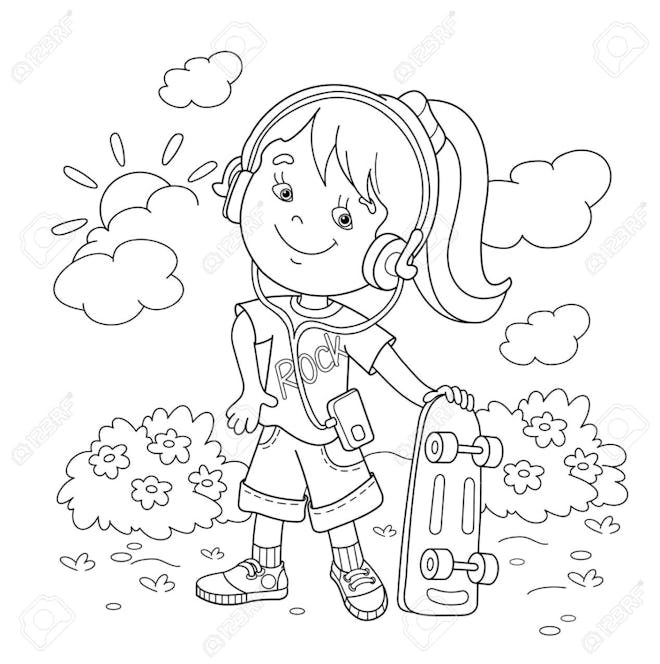 Skateboard Coloring Page: Young girl standing in garden with skateboard, smiling 