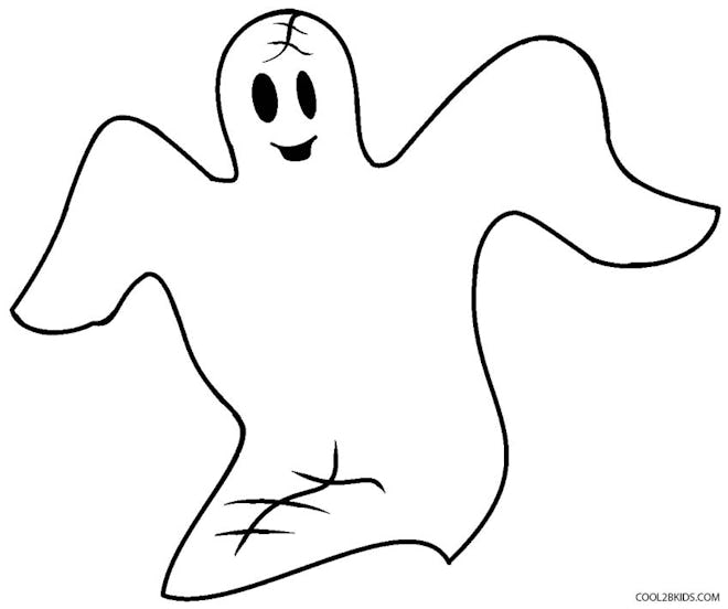 Ghost Coloring Page: Ghost, smiling, with stitches on its head and tail