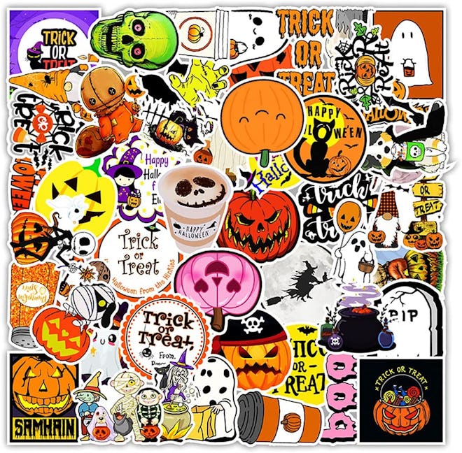 closeup of 50 vinyl Halloween stickers, colorful