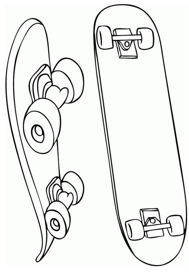 Skateboard Coloring Page; two skateboards, one with top view the other with side view