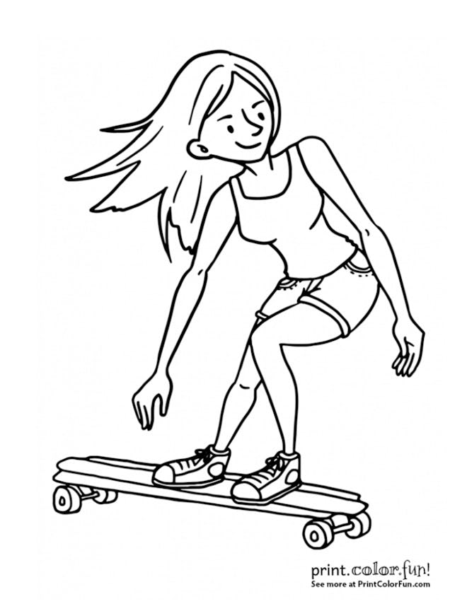 Skateboard Coloring Page: Girl with long hair riding skateboard