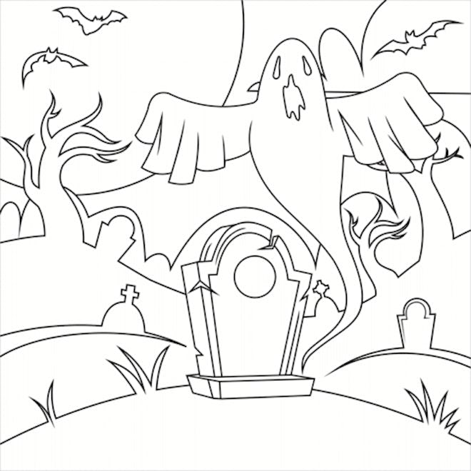 Ghost Coloring Page: Ghost coming out of crematory, spooky. 