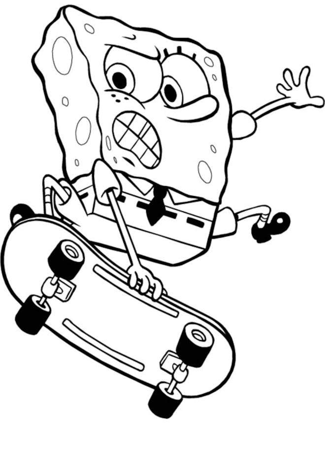Skateboard Coloring Page: SpongeBob jumping on skateboard