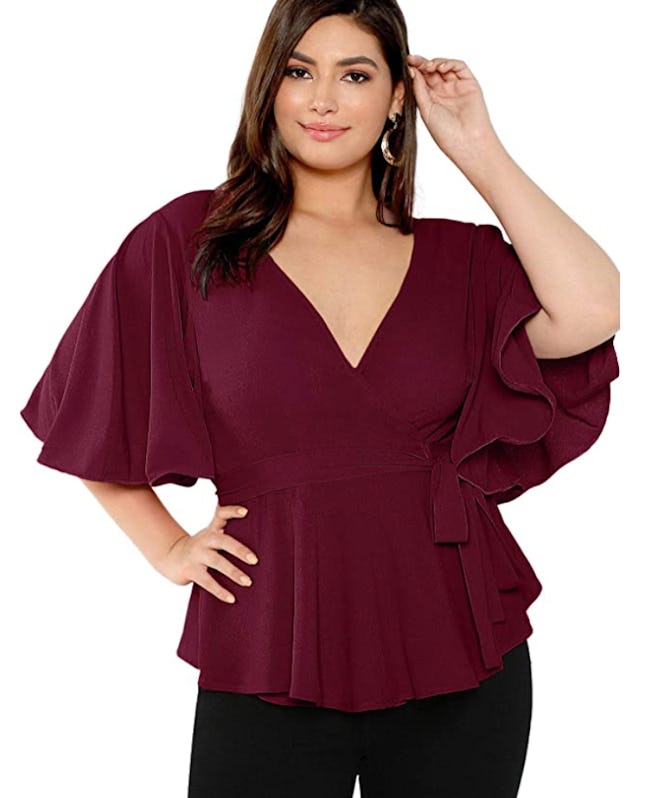 Romwe Plus-Size Peplum Wrap Blouse