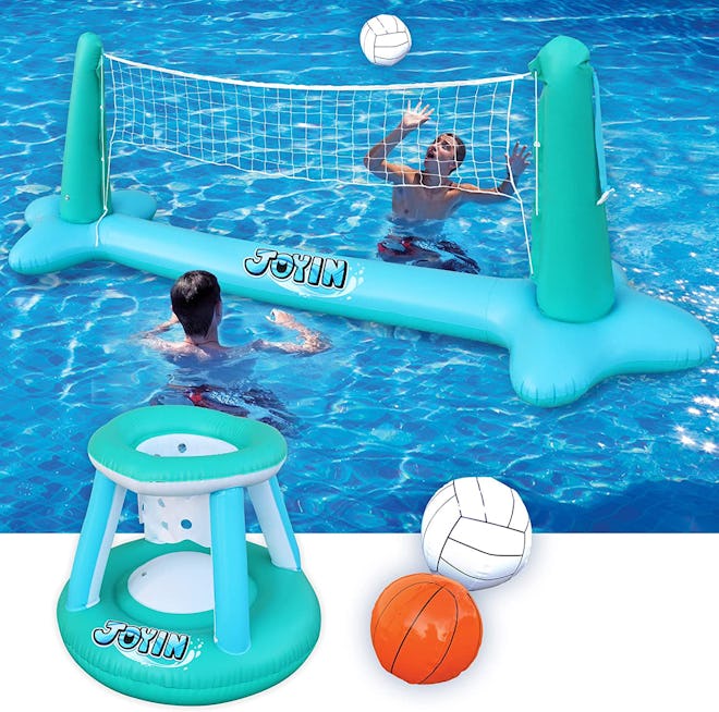 Inflatable Pool Float Set Volleyball Net & Basketball Hoops Balls