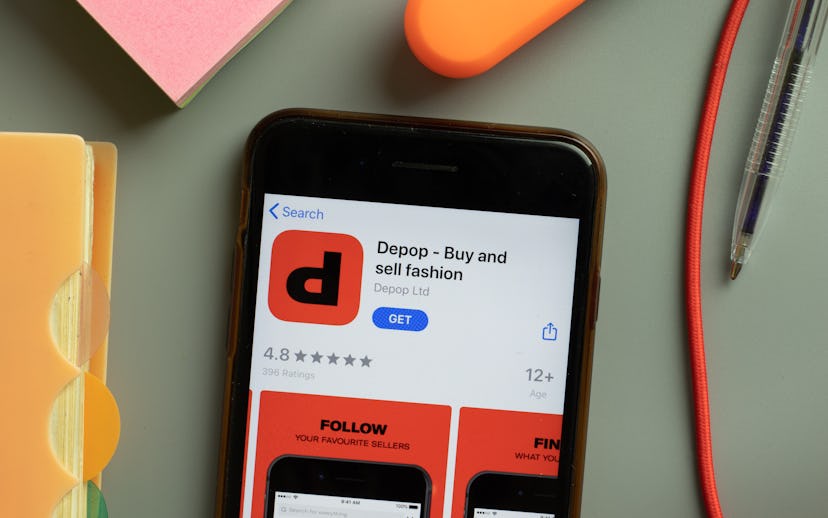 Depop buy and sell fashion mobile app logo on phone screen close up, Illustrative Editorial.