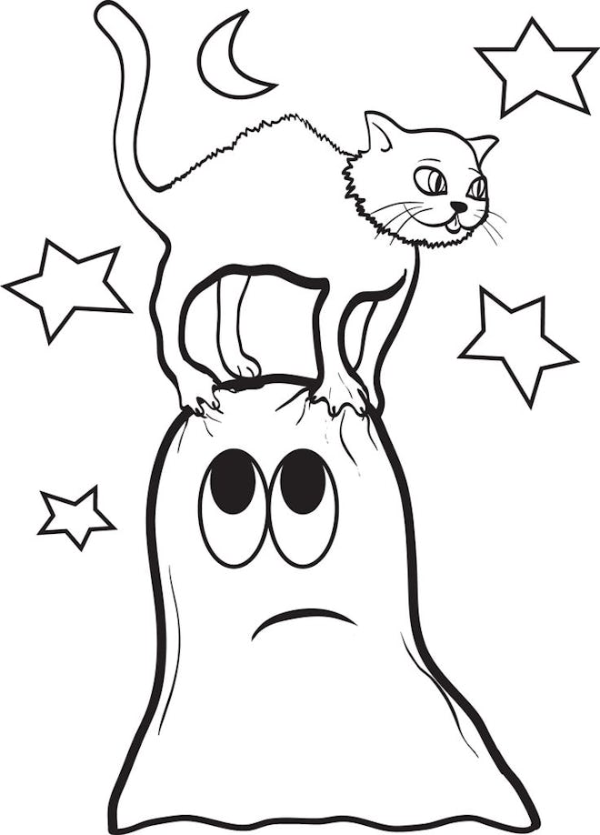 Ghost Coloring Page: Ghost looking up at cat standing on its head