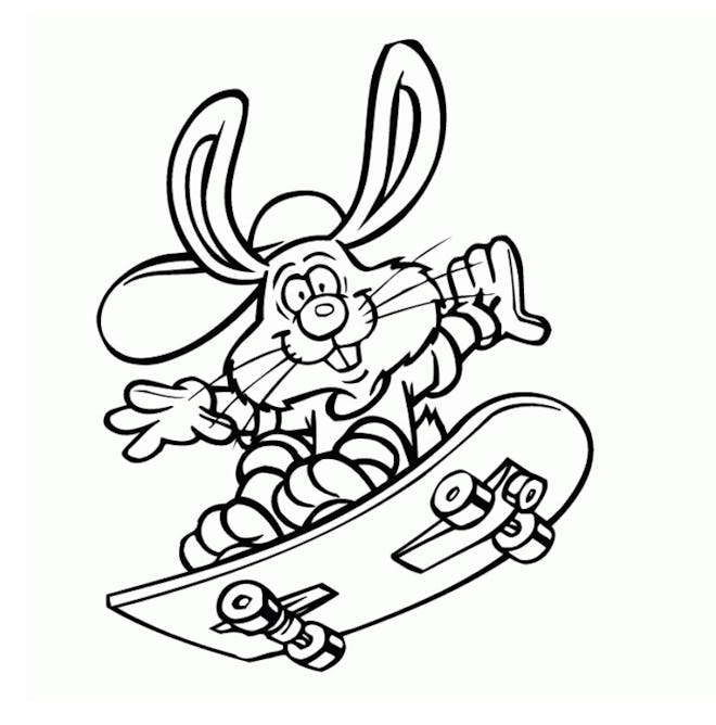 Skateboard Coloring Page: Cartoon bunny riding on skateboard
