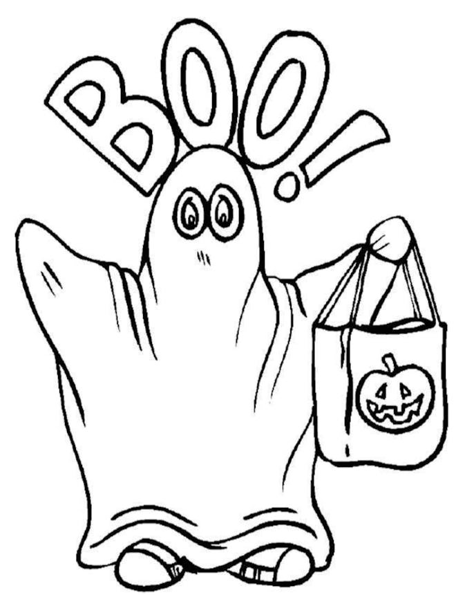 Ghost Coloring Page: Ghost standing with arms up, holding trick or treating basket, "Boo" written ov...