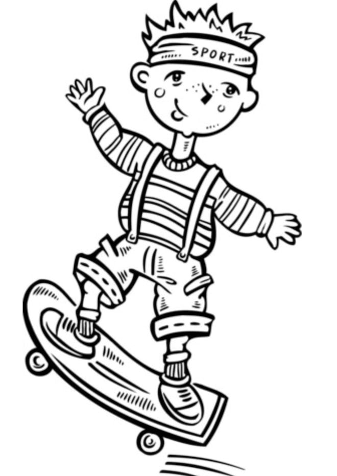 Skateboard Coloring Page: Boy on skateboard, waving and smiling