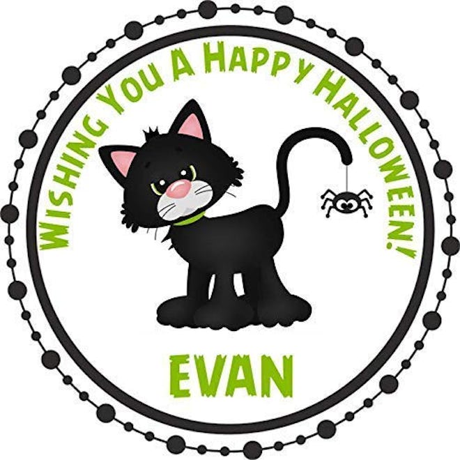 cute black cat halloween sticker that can be personalized with child's name