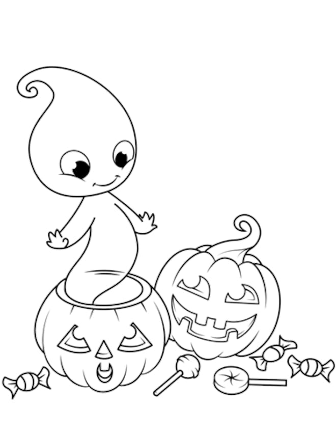 Ghost Coloring Page: Cute ghost coming out of pumpkin, with candy and trick or treat bag