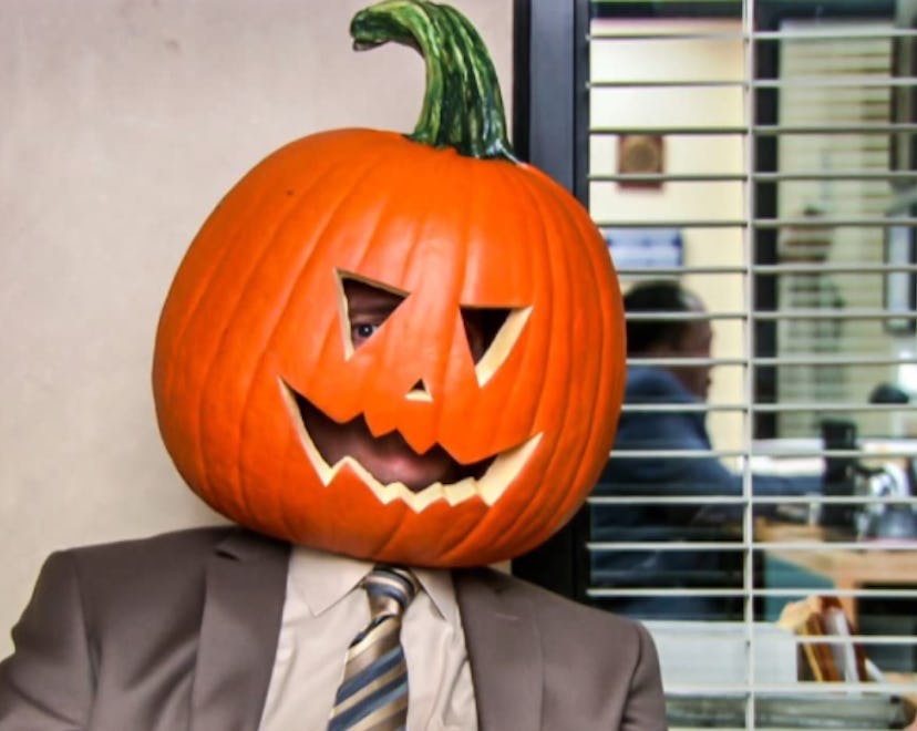DIY 'The Office' Halloween costumes can include dressing as Dwight with a pumpkin on his head.