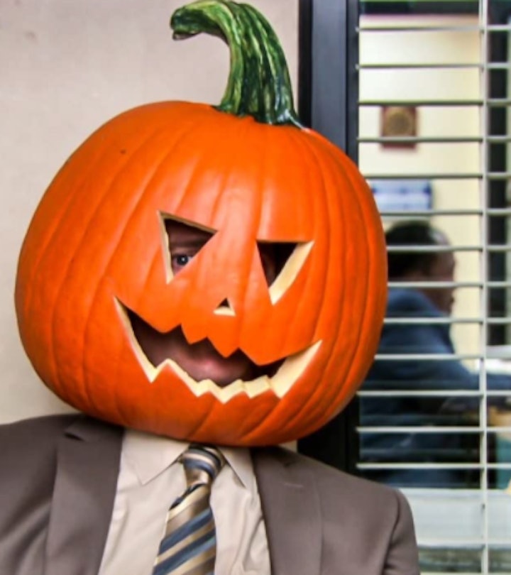 DIY 'The Office' Halloween costumes can include dressing as Dwight with a pumpkin on his head.