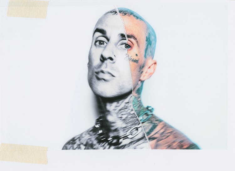 A close-up portrait of Travis Barker showing half his face in black and white, and half in color.