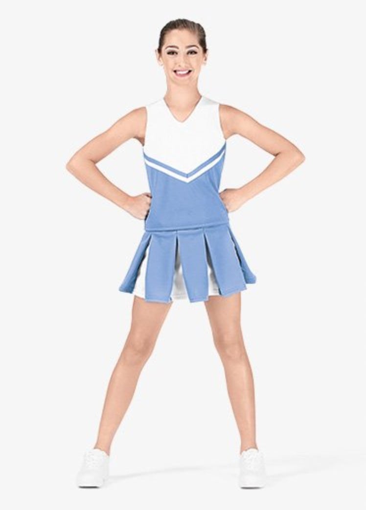 blue and white cheerleader uniform