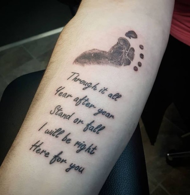 Baby footprint tattoo with poem underneath it