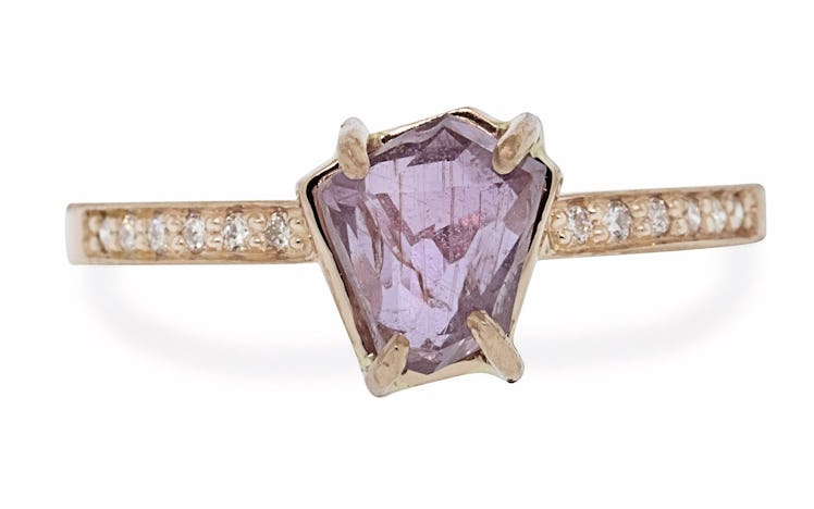 2.16 Carat Paradise Pink Hand-Cut Songea Sapphire Ring in Rose Gold from Chinchar Maloney.